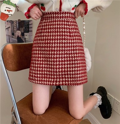 复古红色格子高腰A字半身裙毛呢