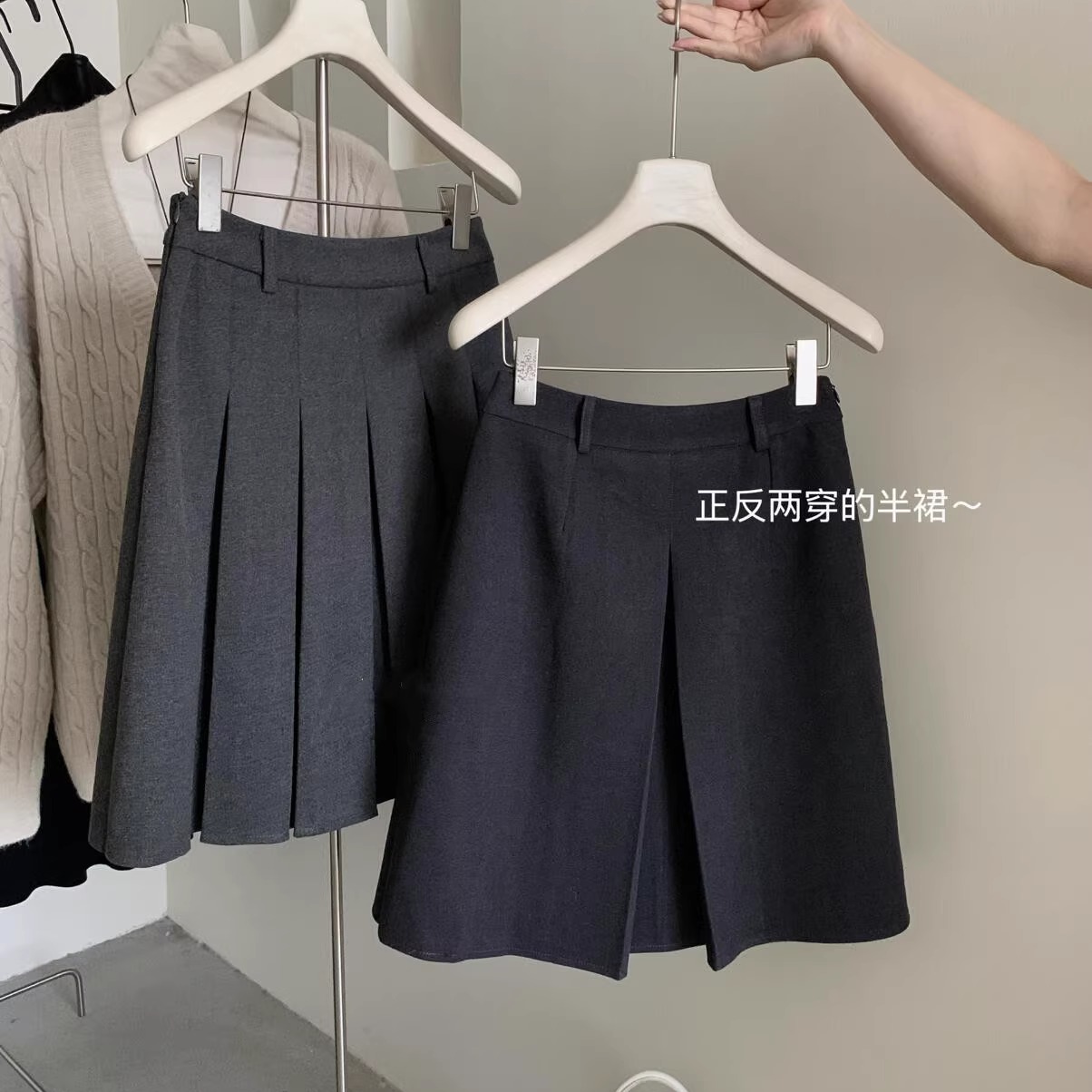 前后两穿毛呢百褶半身裙学院风女