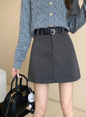 灰色高腰毛呢子半身裙秋冬大码设计感通勤包臂裙加厚气质A字短裙