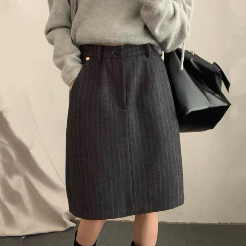 条纹中裙高个子a字半身裙包臂裙