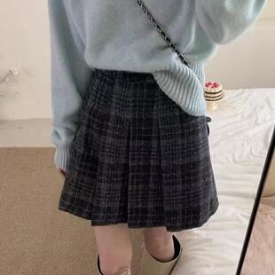 复古羊毛格子高腰半身裙大码 秋冬毛呢a字百褶半裙遮肚子格纹短裙