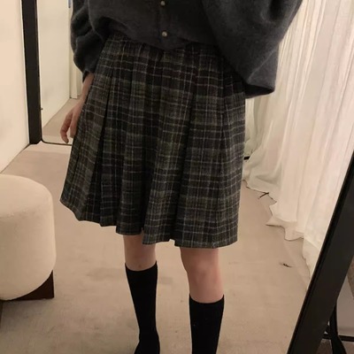 羊毛毛呢学院风复古格子半身裙女