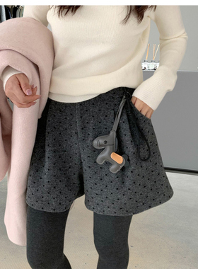 波点毛呢短裤松紧腰阔腿A字裤秋冬季大码外穿休闲裤小个子靴裤女