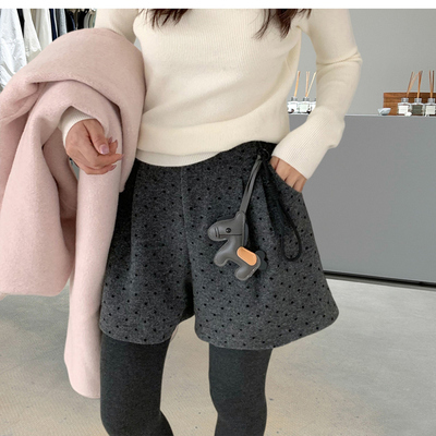 波点毛呢短裤松紧腰阔腿A字裤女