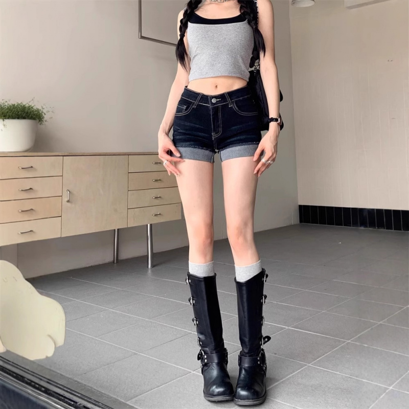 美式辣妹高腰性感超短裤热裤牛仔裤女夏季深蓝色设计感卷边短裤Y