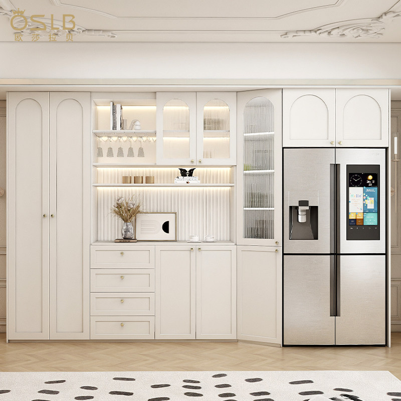 法式实木玻璃门餐边柜茶水柜现代简约酒柜冰箱柜组合一体高柜定制