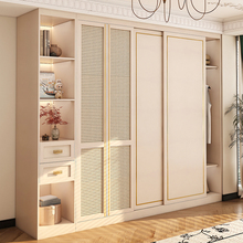 实木推拉门衣柜家用卧室新款藤编大衣橱法式复古ENF级欧松板柜子
