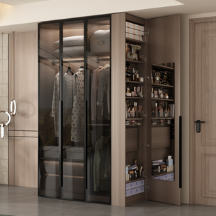 ENF级实木衣柜家用卧室黑色玻璃门衣橱2026新款爆款带侧边收纳柜