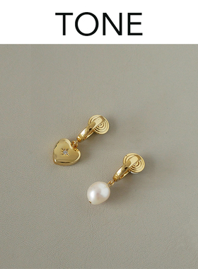 TONE天然巴洛克珍珠爱心不对称耳圈耳夹蚊香盘高级感无耳洞女耳钉