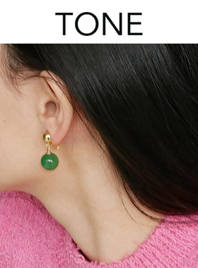 TONE 天然绿玛瑙金球耳夹蚊香盘高级感小众简约绿色无耳洞女耳钉