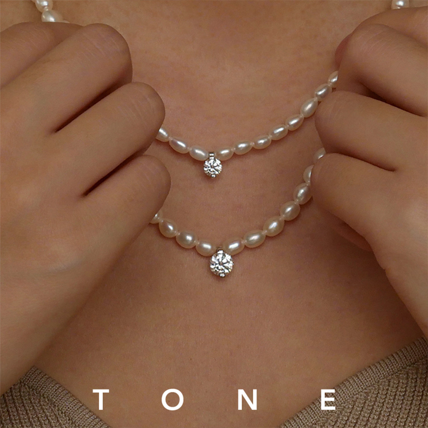 TONE黑标 纯银悬浮镶嵌莫桑钻吊坠天然强光珍珠项链女锁骨链精致