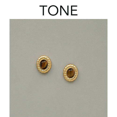 TONE做旧复古麻花天然虎眼石耳夹