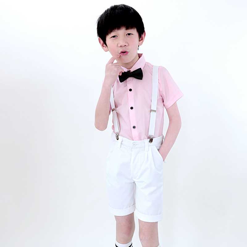高档儿童花童礼服男童粉红衬衫白色背带短裤主持钢琴合唱表演出服