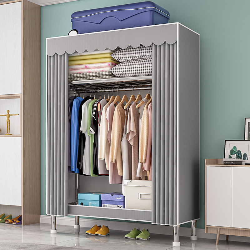 布衣柜家用卧室结实耐用简易衣柜出租房用全钢架衣柜多功能挂衣橱
