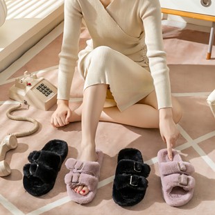 外贸出口最新 秋冬女士双搭扣网红三色毛毛拖可外穿韩系ins仙女 款