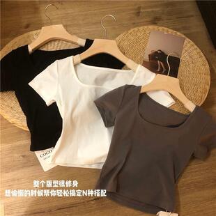 女童低领短袖T恤儿童宝宝方领上衣修身黑白纯色超短款露腰夏亲子