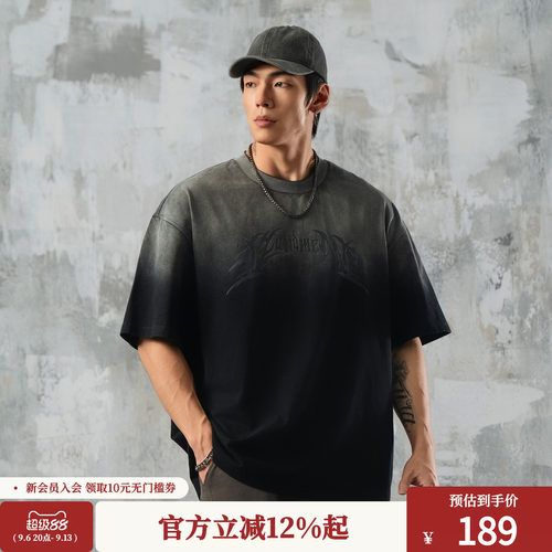 鹿家门国潮印花短袖T恤男夏季新款炒色渐变健身上衣大码运动半袖