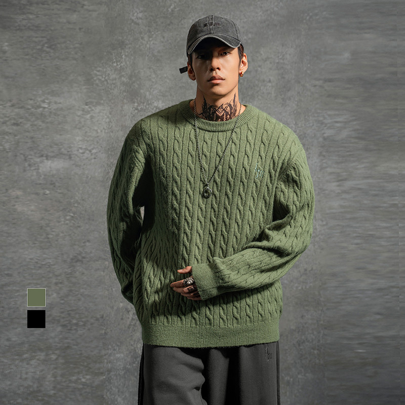 鹿家门新款宽松大码重磅绿色毛衣秋冬男士健身潮牌运动休闲针织衫