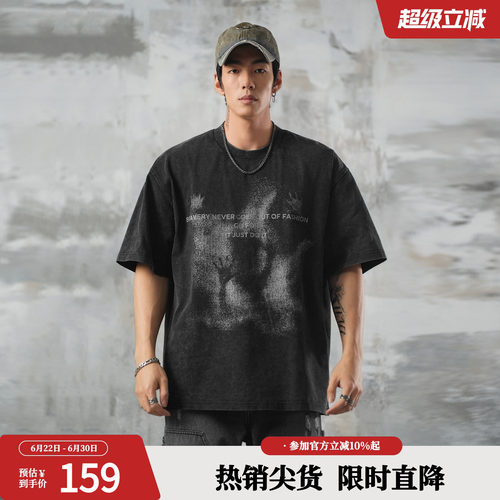 鹿家门做旧复古美式短袖男夏季运动休闲圆领上衣大码健身纯棉T恤