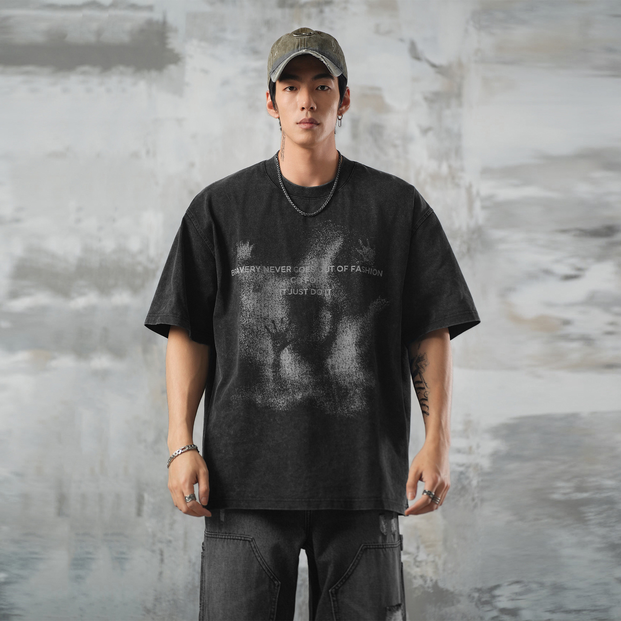 鹿家门做旧复古美式短袖男夏季运动休闲圆领上衣大码健身纯棉T恤