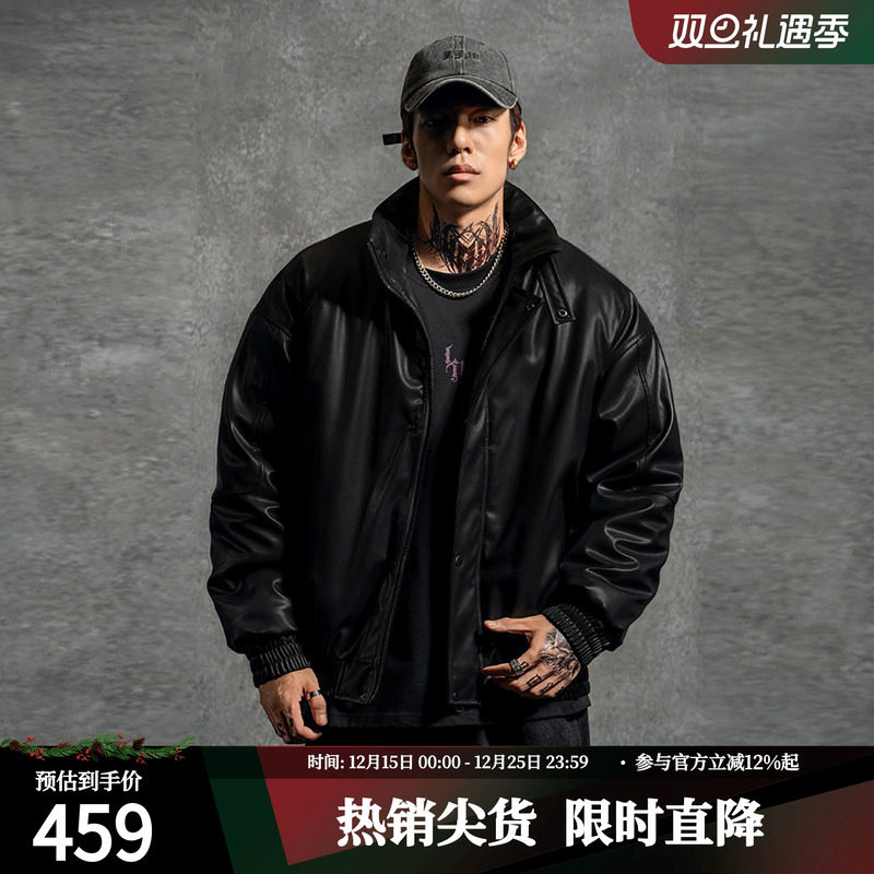 鹿家门新款宽松大码保暖皮夹克棉衣外套冬装男运动健身PU皮棉服男