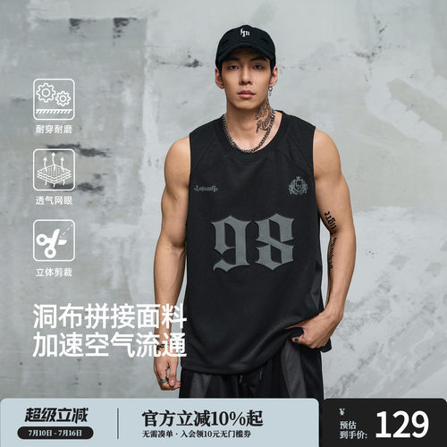 鹿家门网眼洞布透气运动背心男夏季新款运动健身复古印花无袖T恤