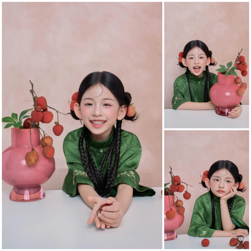 绿色旗袍荔枝主题拍照衣服