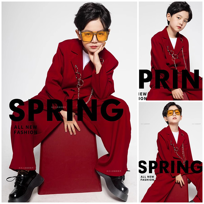 男童拍照衣服红色西服走秀演出服