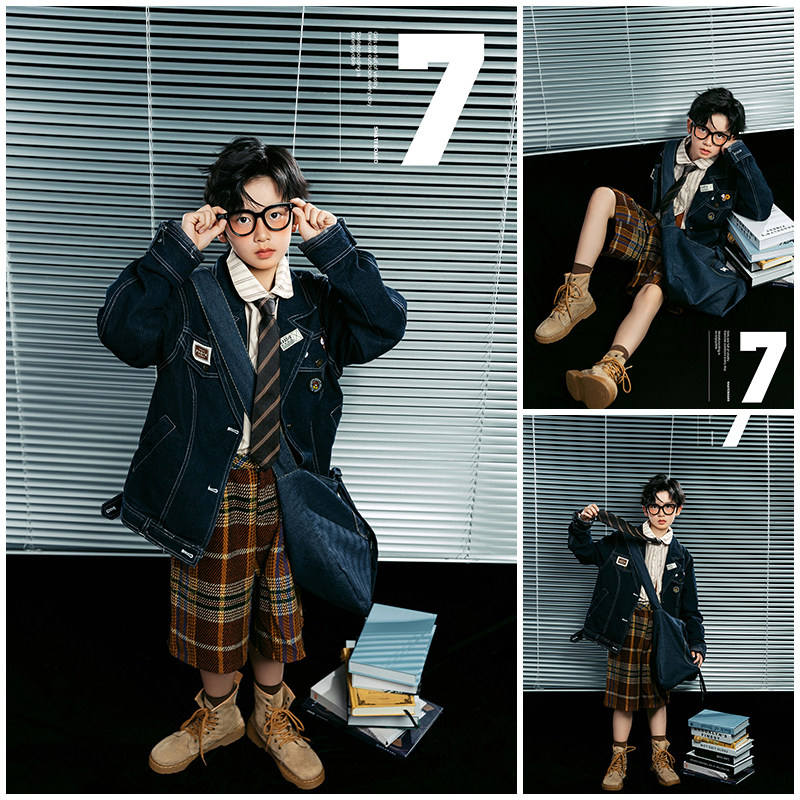 新款儿童摄影服装牛仔外套韩杂风男童影楼拍照衣服套装道具艺术照