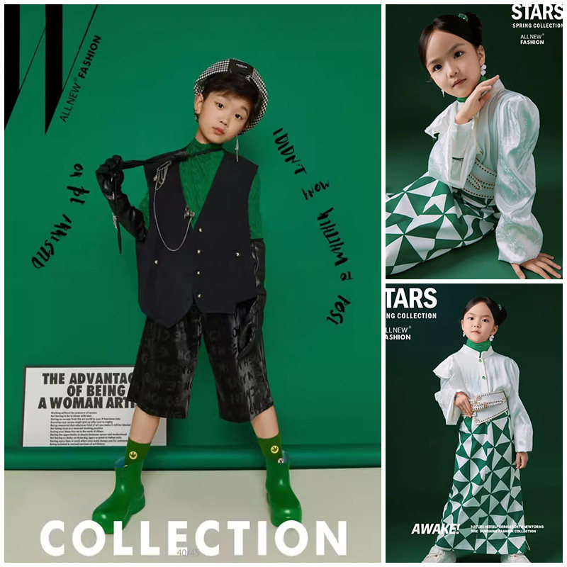 男童女童拍照衣服演出服绿色潮服