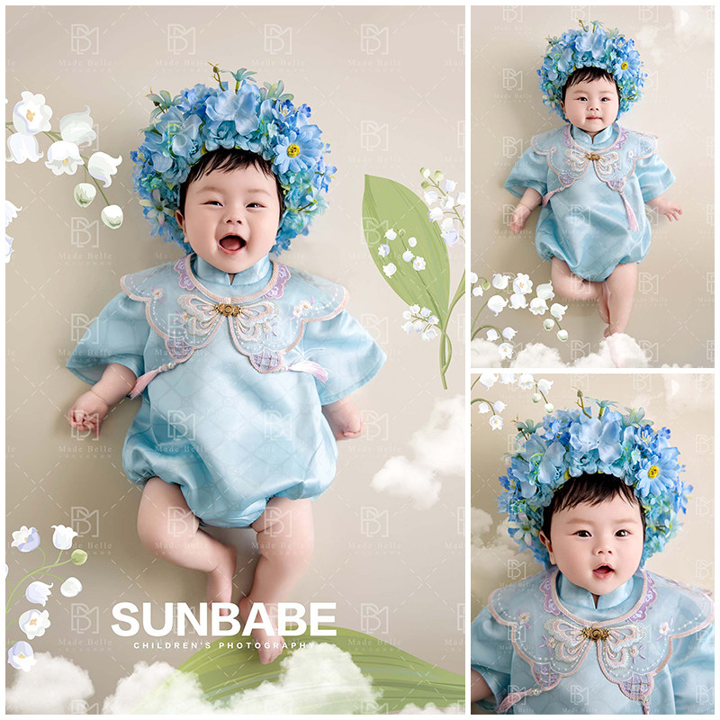 新款百天主题摄影服装婴儿拍照衣服帽子蓝色簪花儿童写真艺术照