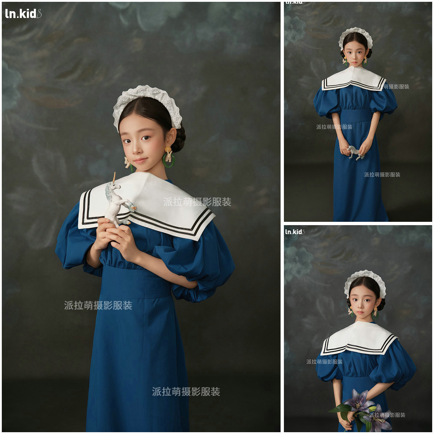 儿童摄影中大女童肖像服装艺术照清冷风写真优雅蓝色泡泡袖连衣裙