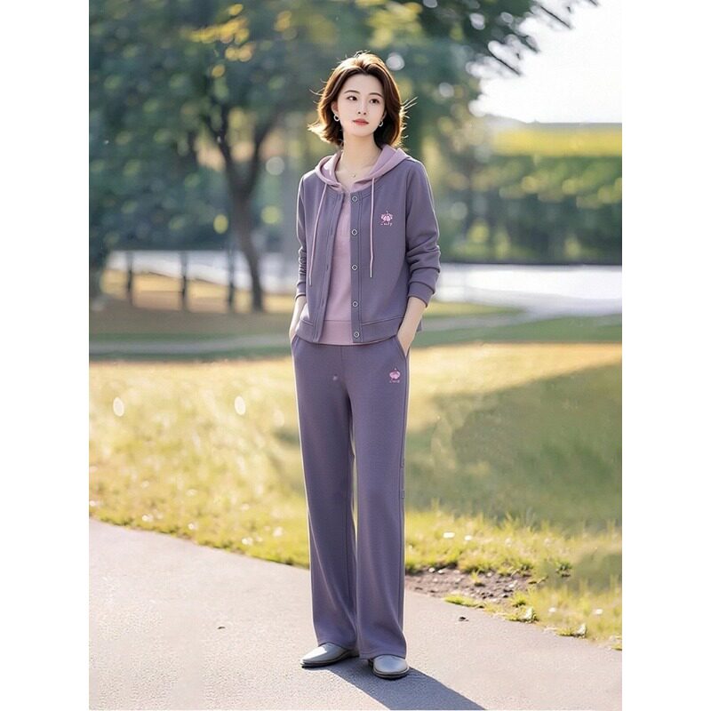 素雅订制女装原创品牌旗舰新款时尚洋气连帽半拉链卫衣阔腿裤套装