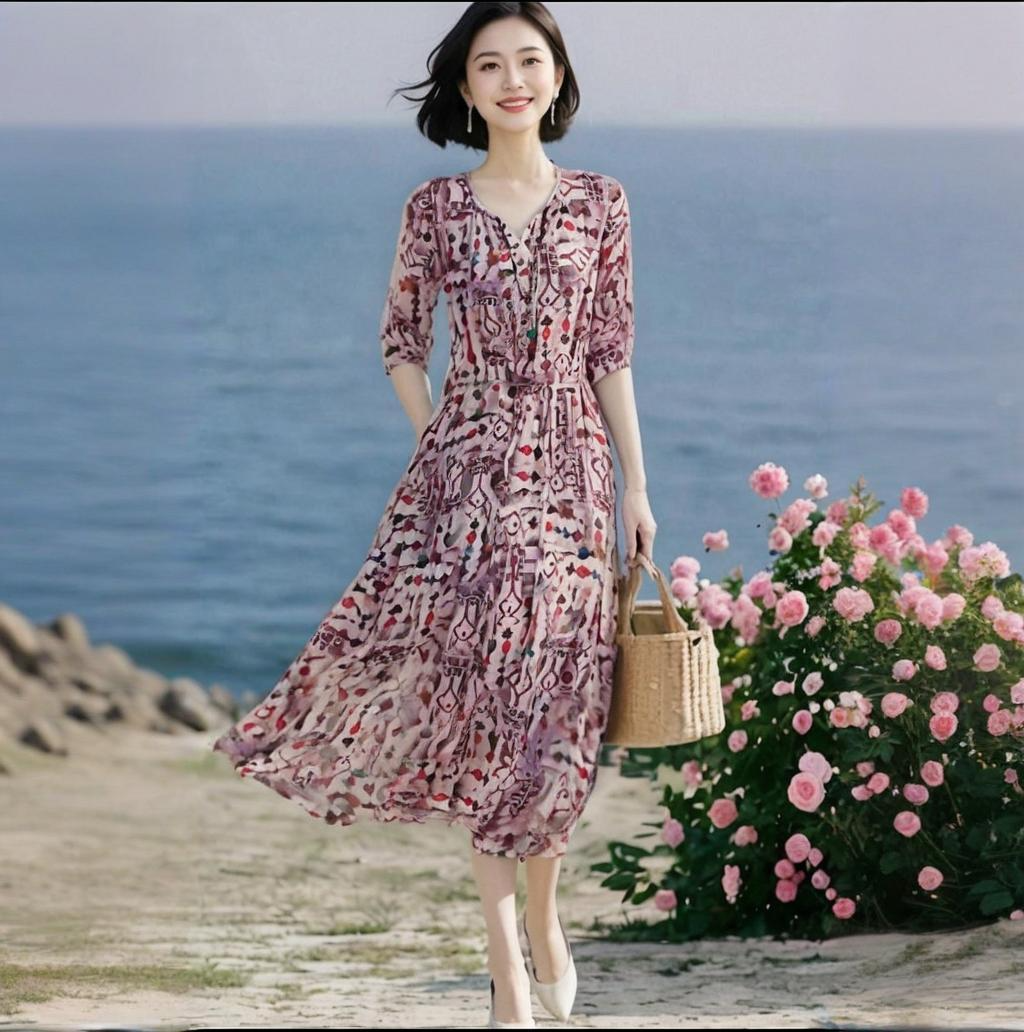 素雅订制女装原创品牌旗舰夏季时尚气质印花系带收腰法式连衣裙女