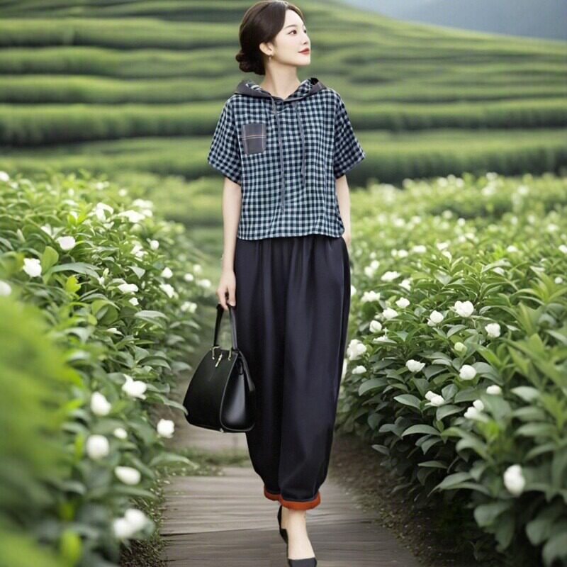素雅订制女装原创品牌休闲复古格子抽绳上衣松紧腰显瘦萝卜裤套装