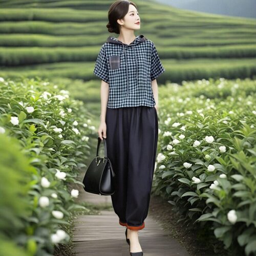 素雅订制女装原创品牌休闲复古格子抽绳上衣松紧腰显瘦萝卜裤套装