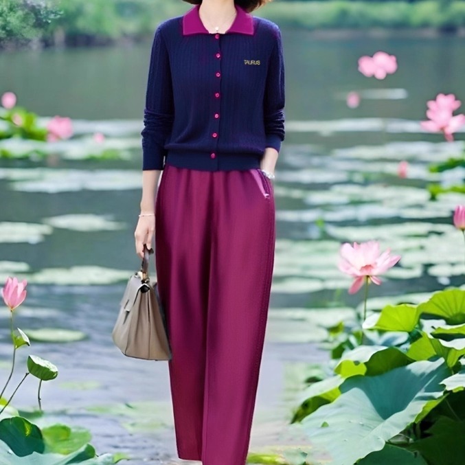 素雅订制女装原创品牌2025新款羊毛混纺针织开衫松紧腰哈伦裤套装