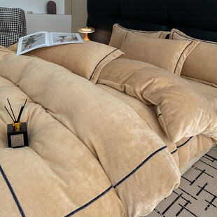 轻奢风牛奶绒四件套冬季加厚保暖床单被套米色家用床上用品绒毯