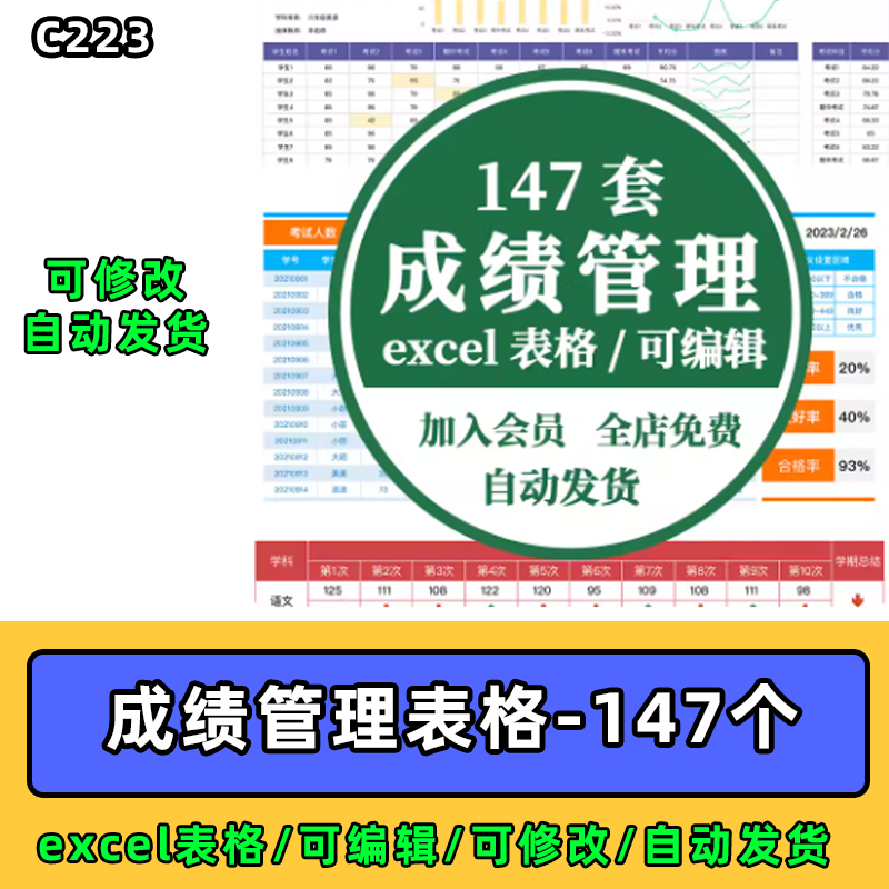 学生成绩排名统计分析个人成绩自动计算管理登记系统excel图表格