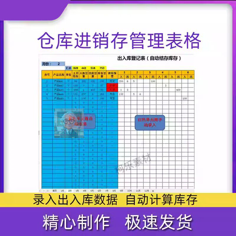 仓库进销存管理表格 出入库登记表 自动计算库存 excel wps