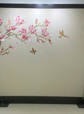独绣刺绣无缝壁布花鸟如花似月客厅电视沙发背景墙布新中式独秀