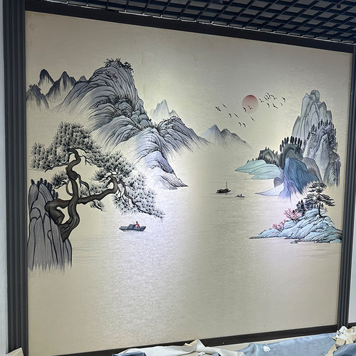 言绣独绣刺绣无缝壁布峰回路转客厅沙发电视背景墙布新中式山水