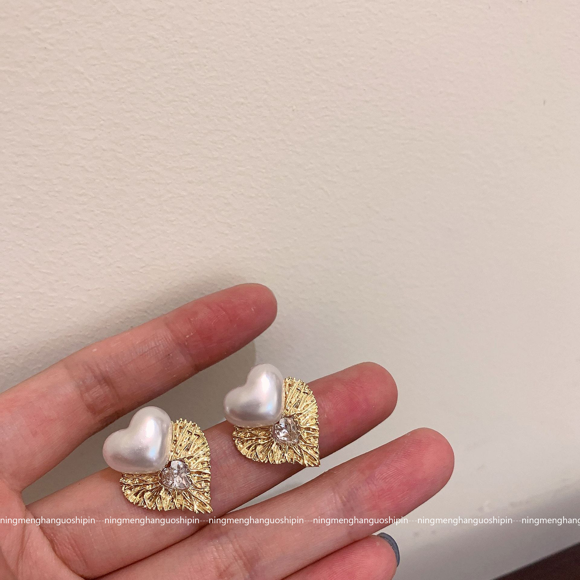 925银针甜美风心形金属珍珠耳钉