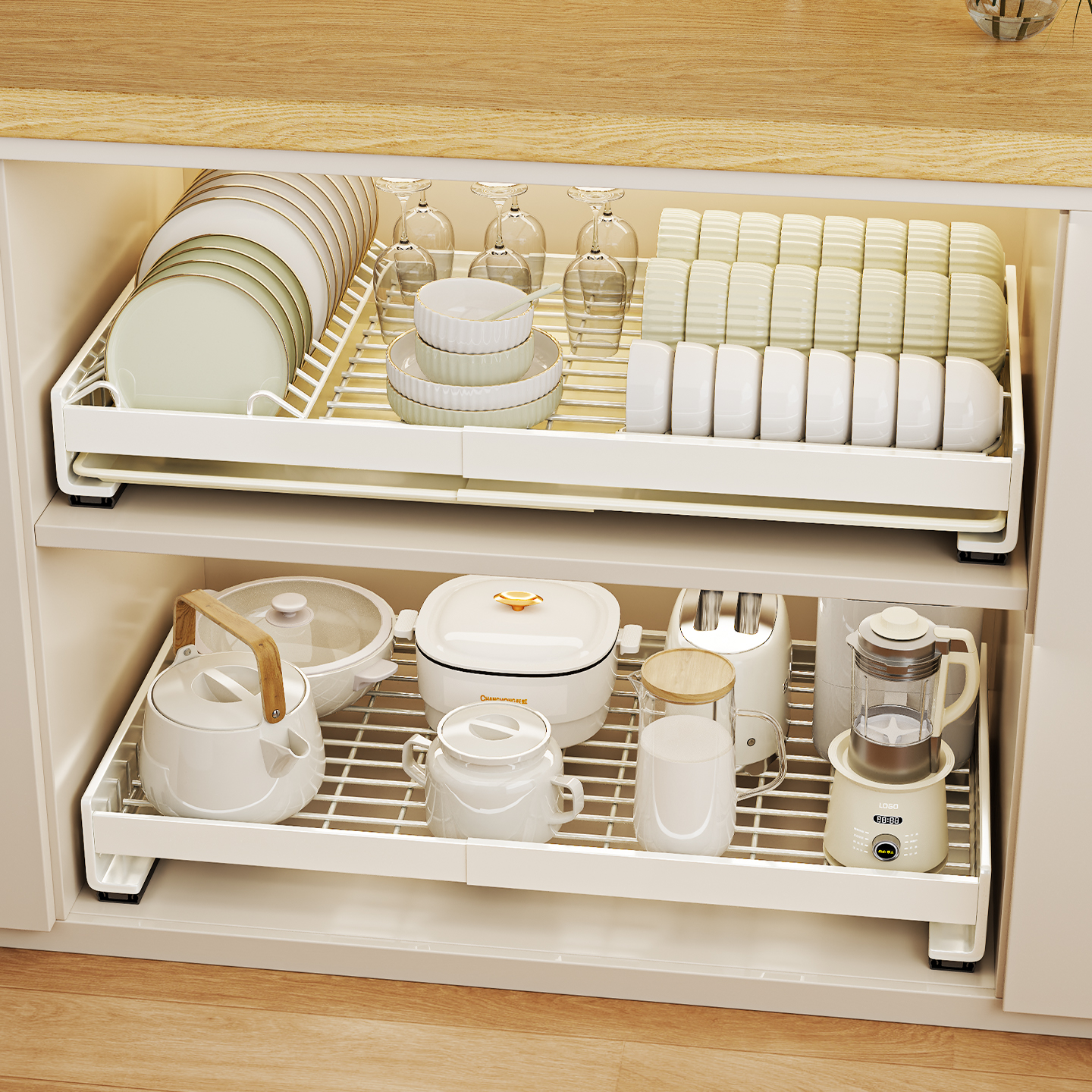 橱柜碗碟收纳架厨房下拉篮家用抽拉式碗架可伸缩免打孔沥水置物架