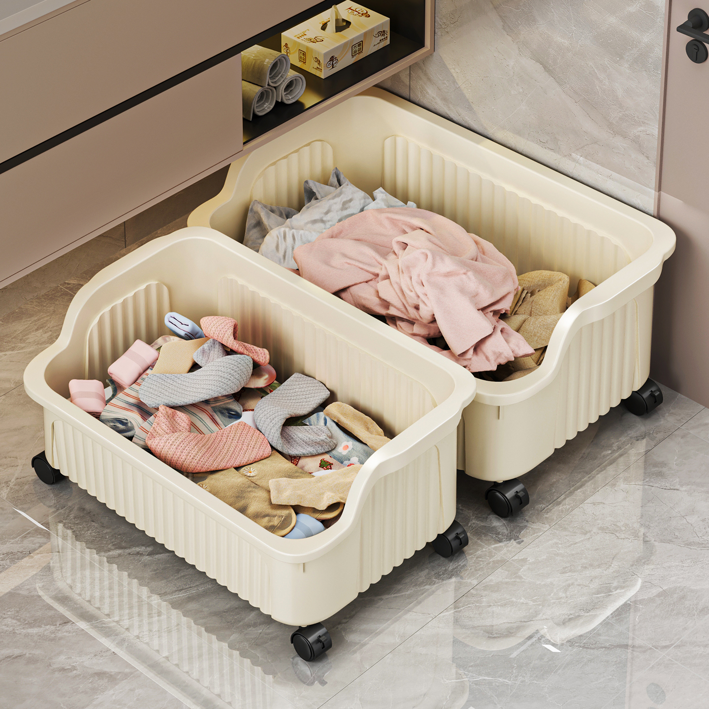 可移动大容量柜下脏衣篓