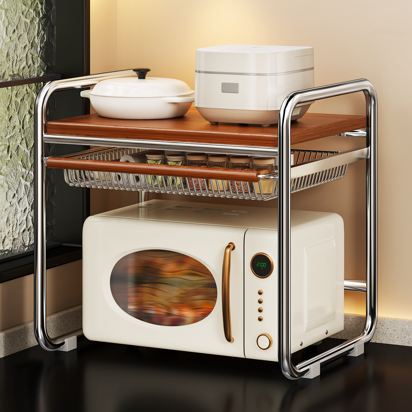 中古风微波炉置物架带抽屉烤箱架子厨房台面多功能放电饭煲收纳架,厨房/烹饪用具,微波炉置物架,淘宝优惠券,粉丝福利购,淘宝优惠卷