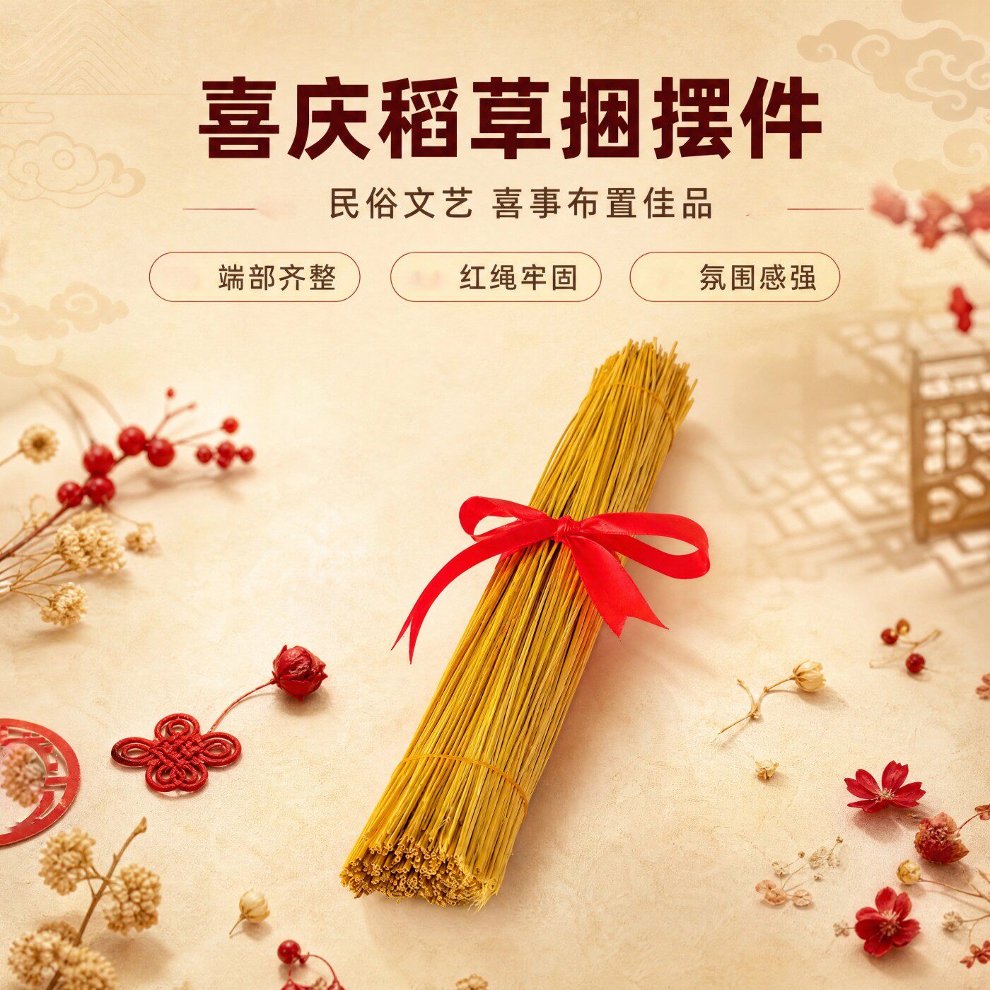 去尾稻草捆红绳民宿造景拍摄摆件