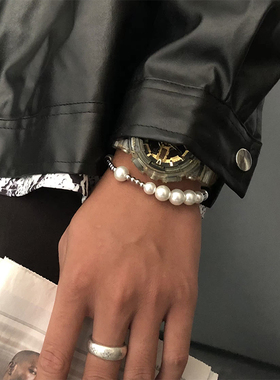 MASKEDFOXES潮牌珍珠拼接钢珠手链男女小众设计情侣钛钢串珠手串