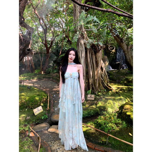 一颗甜桃yikett《清酒仲夏间》夏季抹胸度假风碎花连衣裙女连身裙