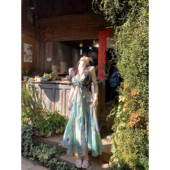 一颗甜桃yikett 吊带气质连衣裙印花显瘦长裙 林间浮夏